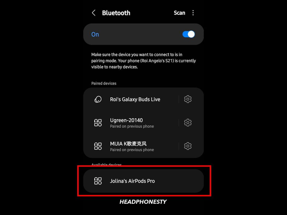 Selecting AirPods on Bluetooth devices list