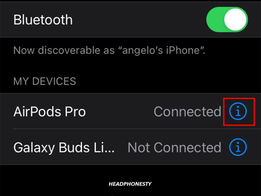 Selecting 'i' icon for AirPods Pro