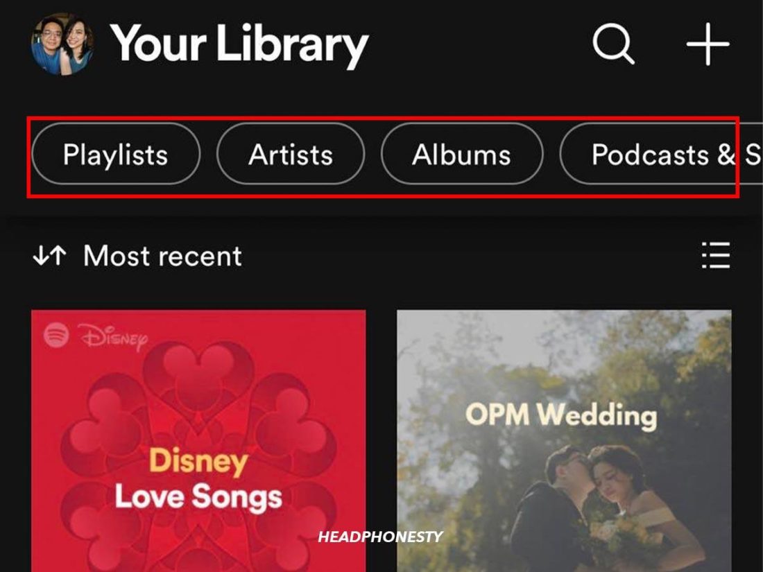 Choose from these filters at the top to see what artists and songs you listened to the most recently.