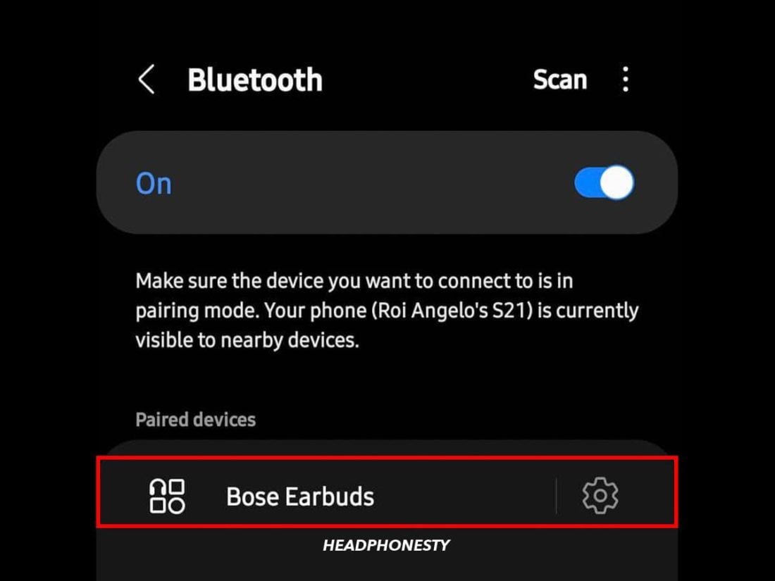 Turning on Bluetooth and connecting to Bose earbuds