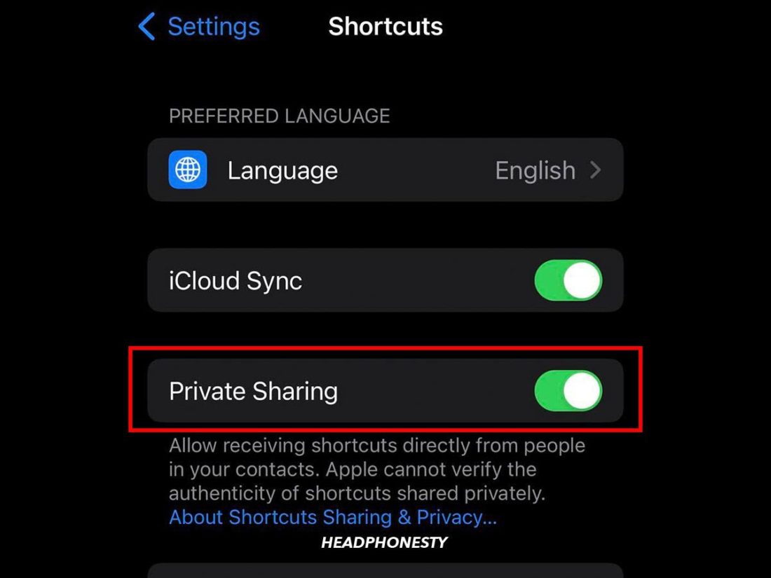 Turning on Private Sharing to enable third-party shortcuts on iOS