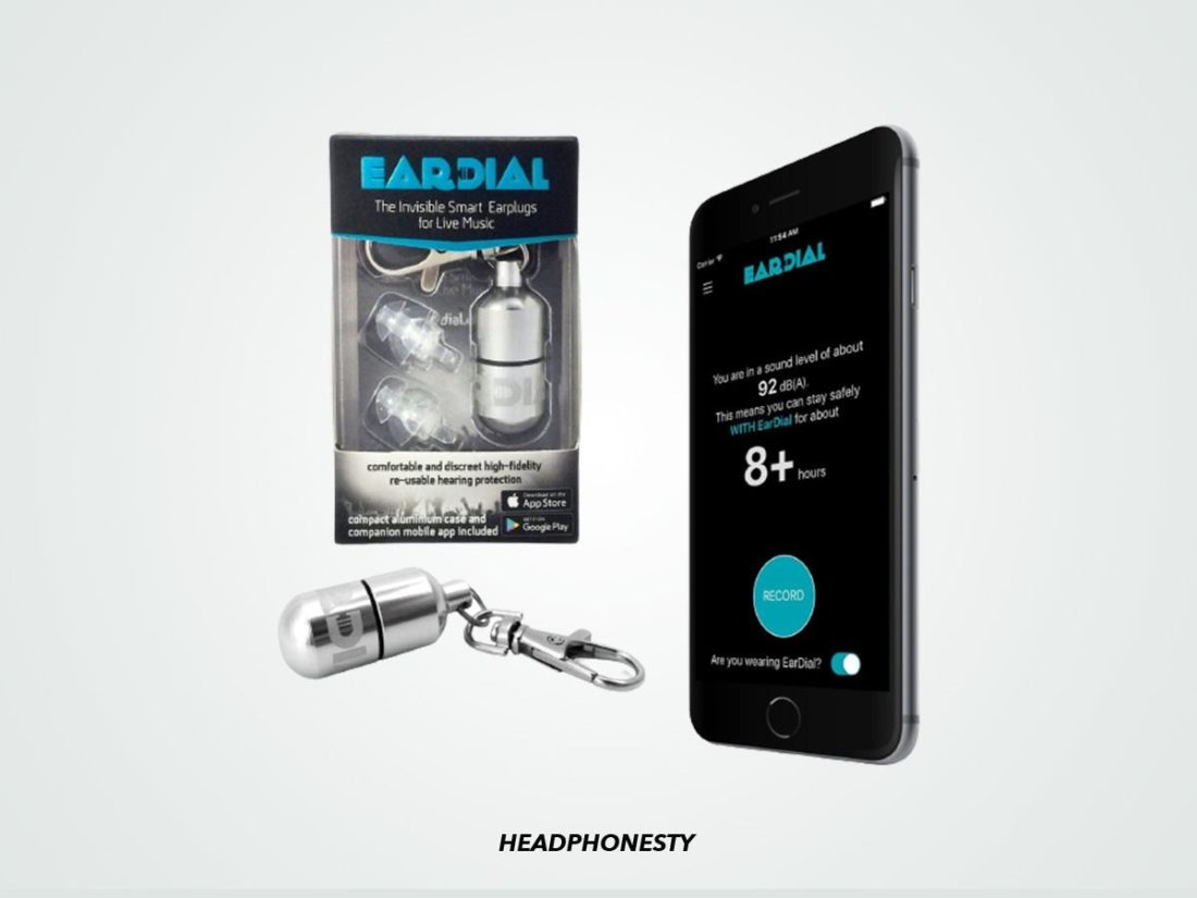 The EarDial HiFi Earplugs with accessories displayed next to phone using companion app. (from: Amazon)