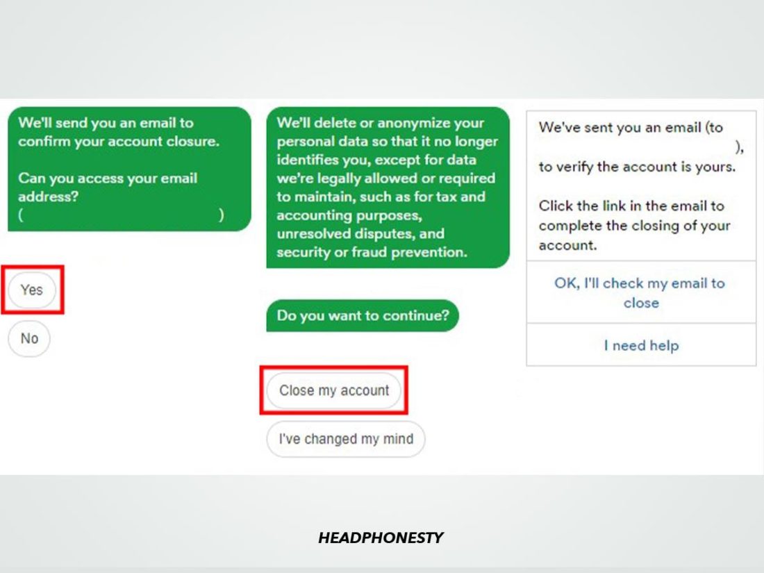 'Close my account' in Spotify customer support chatbox.