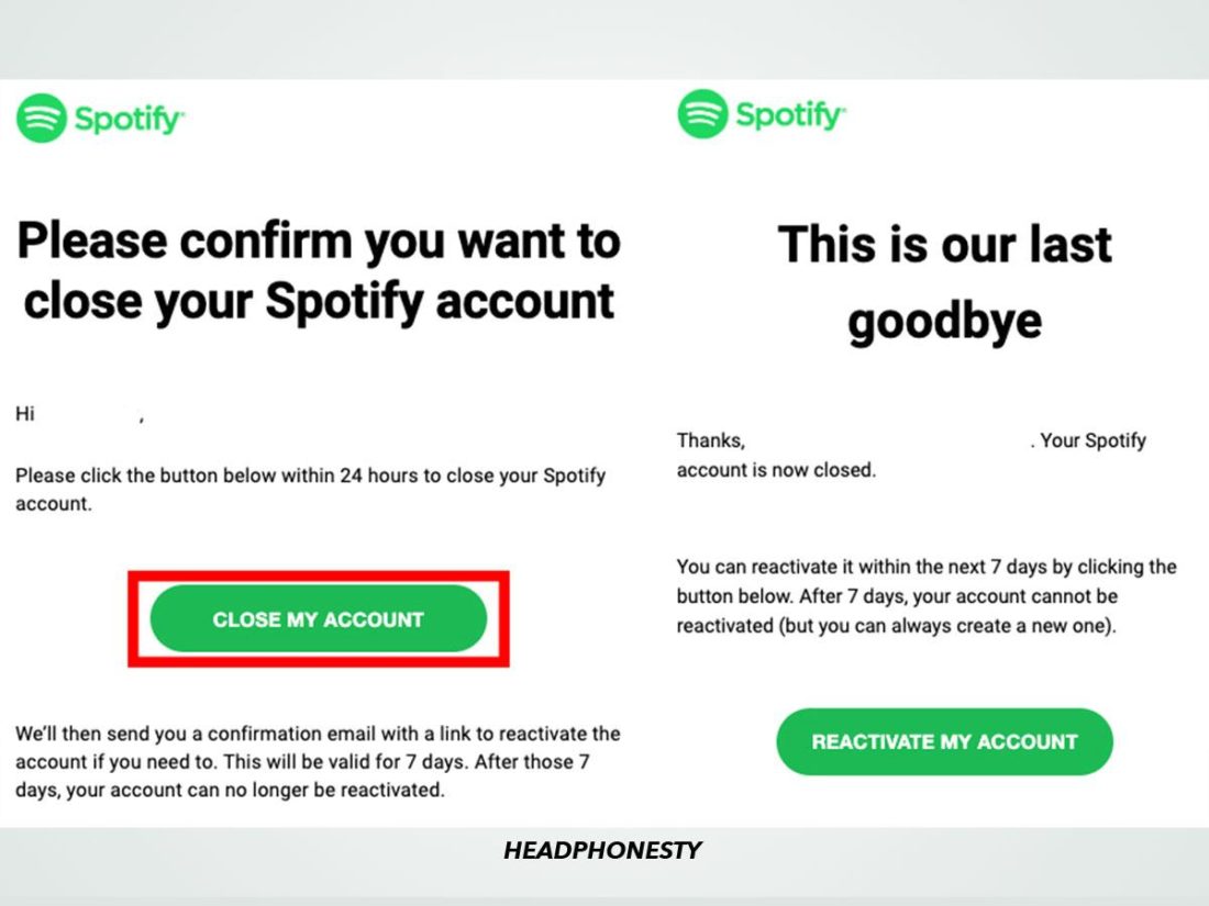 'Close My Account' link in Spotify email.
