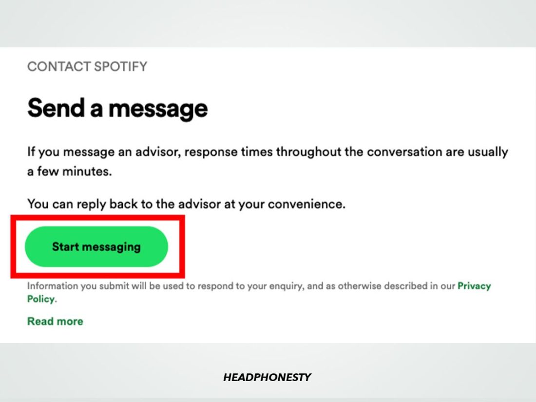 'Start messaging' in Spotify's customer support page.