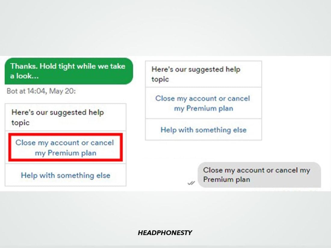 'Close my account or cancel my Premium plan' in Spotify customer support chatbox.