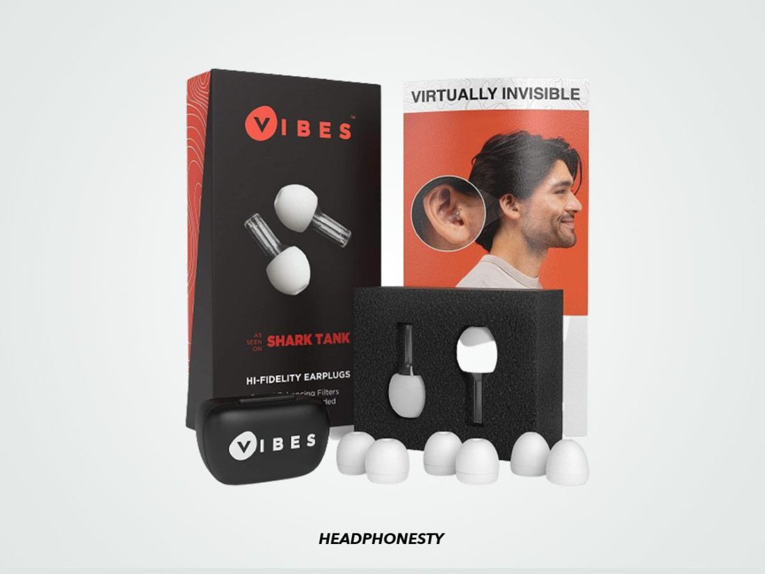 The Vibes High-Fidelity Earplugs shown next to the box, size choices, and included case. (from: Amazon)