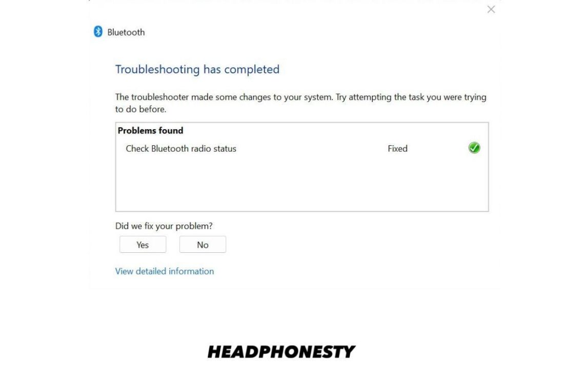 An example of a successful Bluetooth troubleshoot dialog