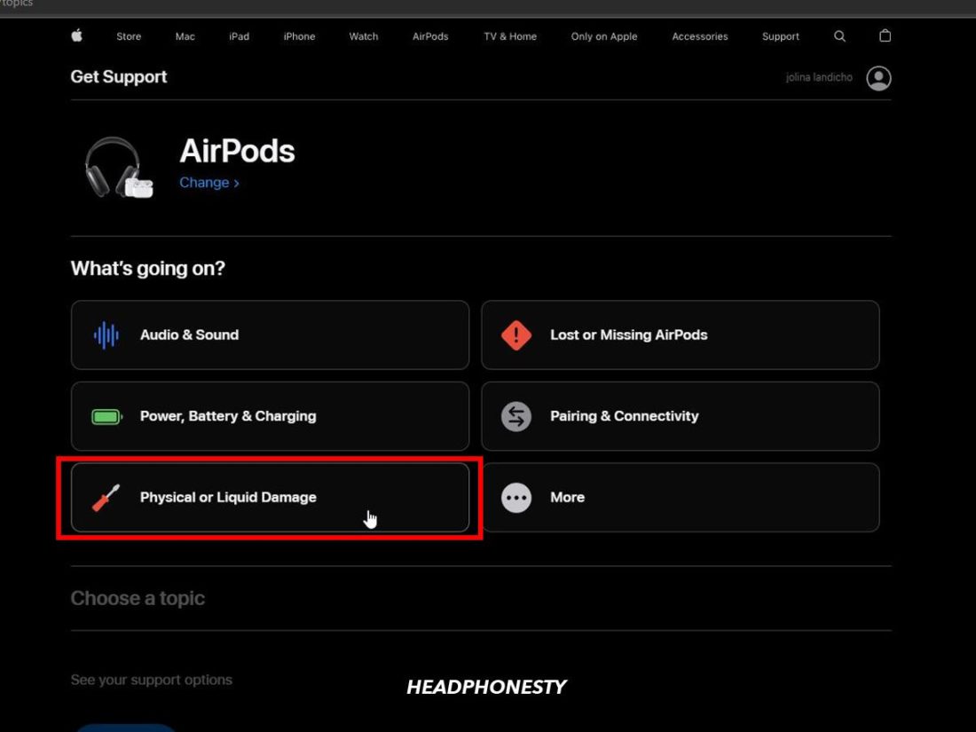 AirPods section of the Support page, with the 'Physical or Liquid Damage' option highlighted.