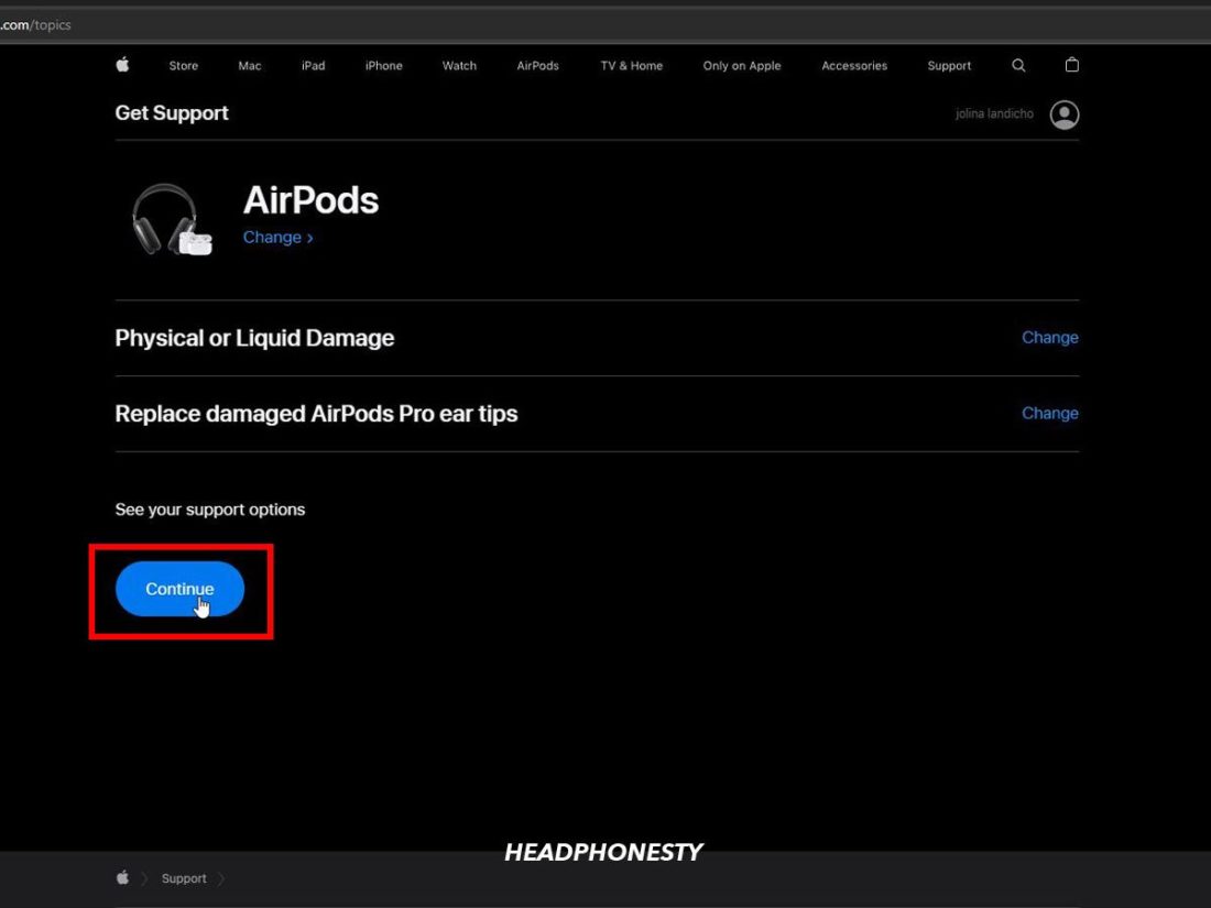 'Damaged AirPods' page, showing the option to select the model of AirPods that you want to replace.