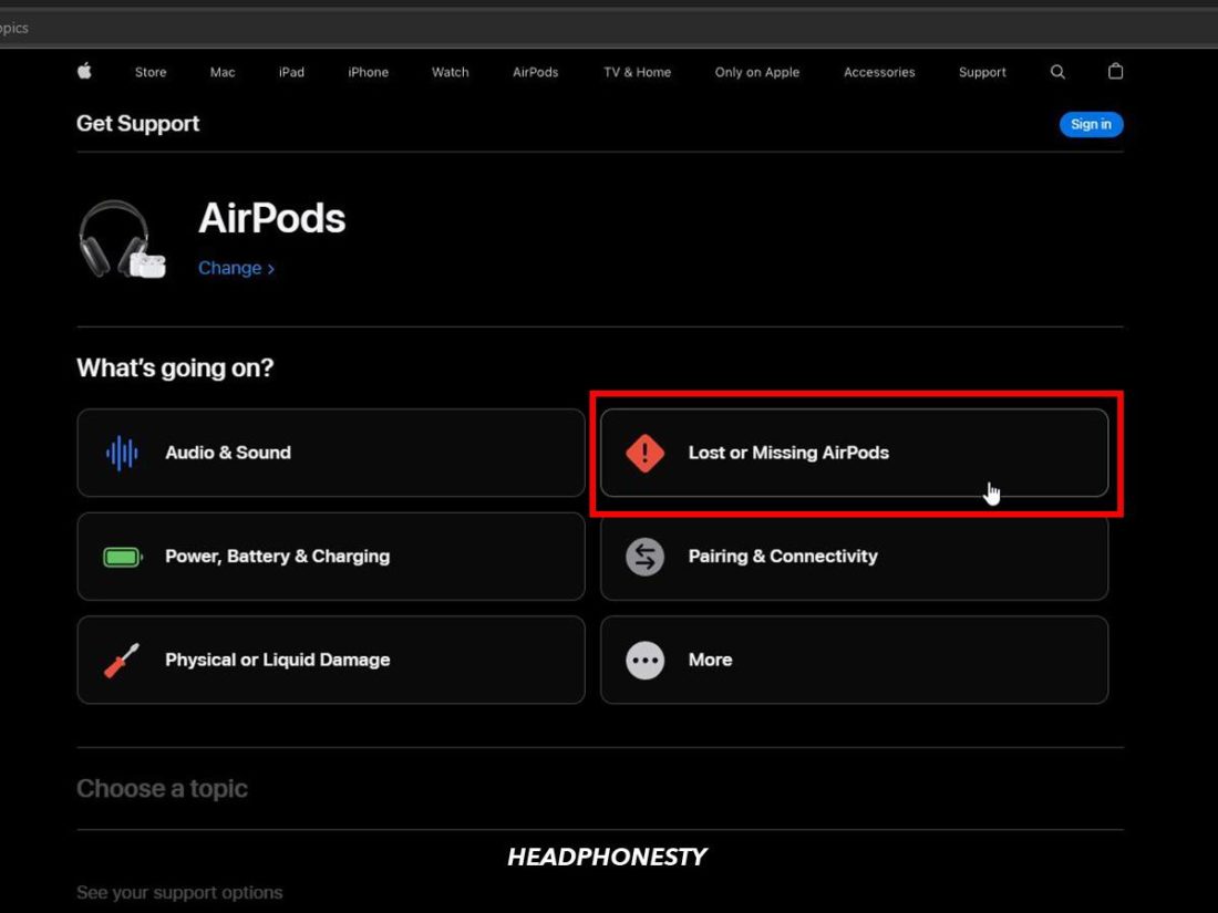 'AirPods' section of the 'Help' page, with the 'Lost or Missing AirPods' section highlighted.