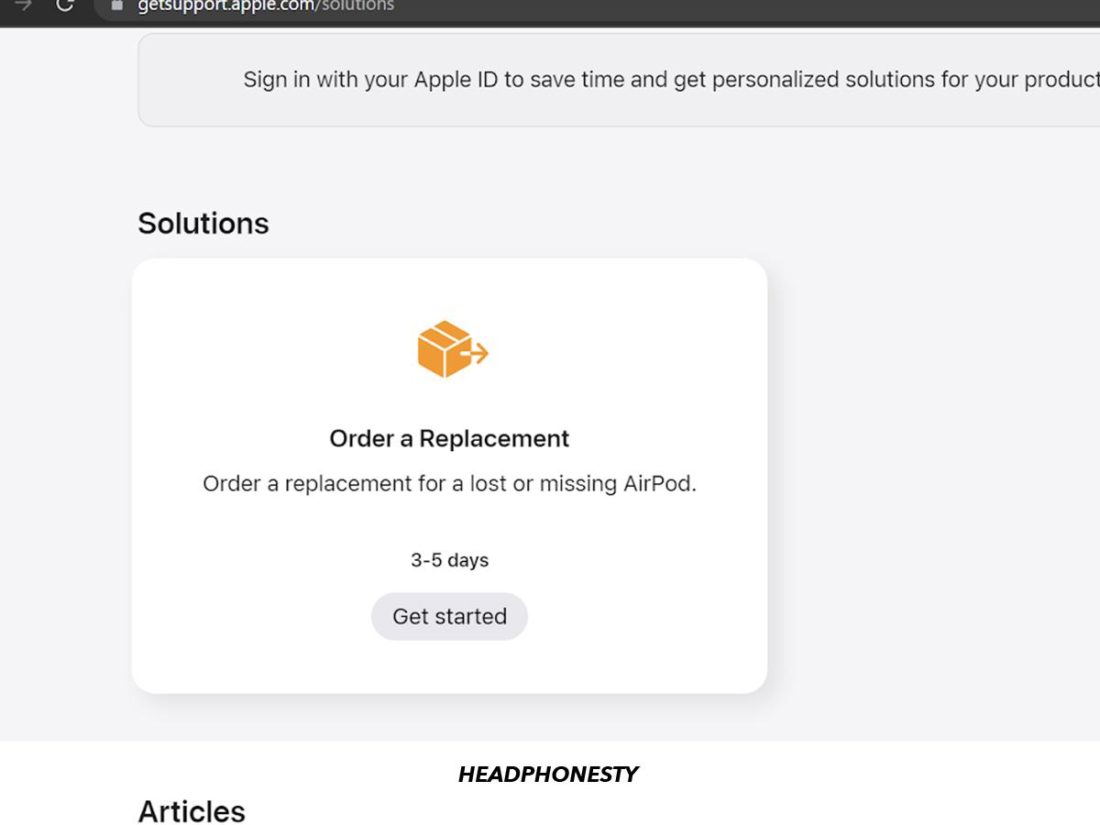 'Solutions' page for 'Lost and Missing AirPods', with the 'Order a Replacement' option highlighted.