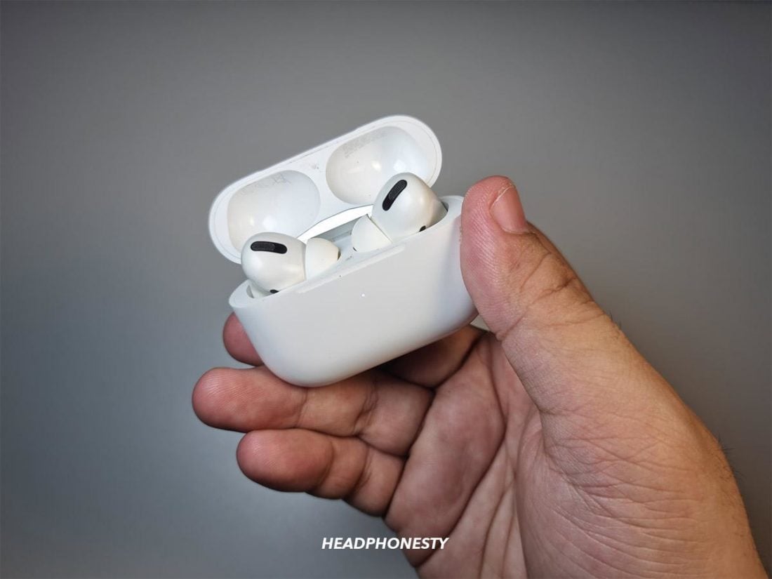AirPods in the case with the lid open.