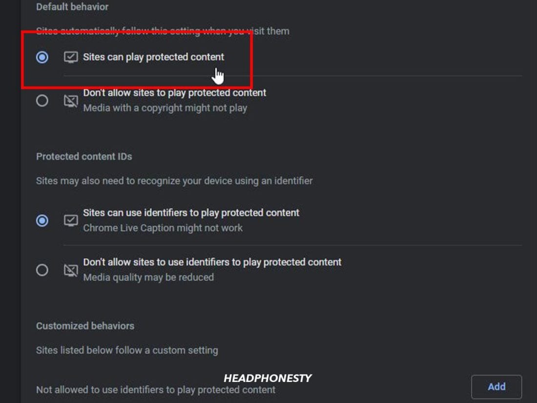 Turn on permissions for sites to play protected content.