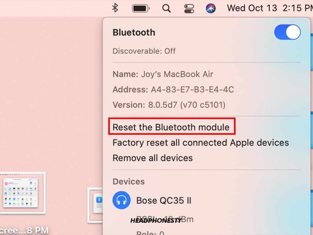 Tap 'Reset the Bluetooth module option under dropdown.