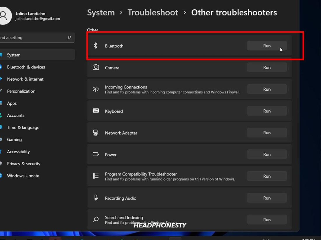 Running the troubleshooter for Windows Bluetooth