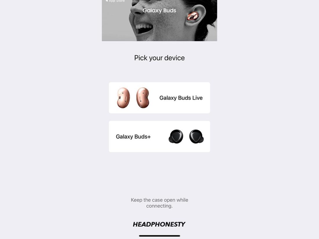 Selecting Galaxy Buds model from in-app interface