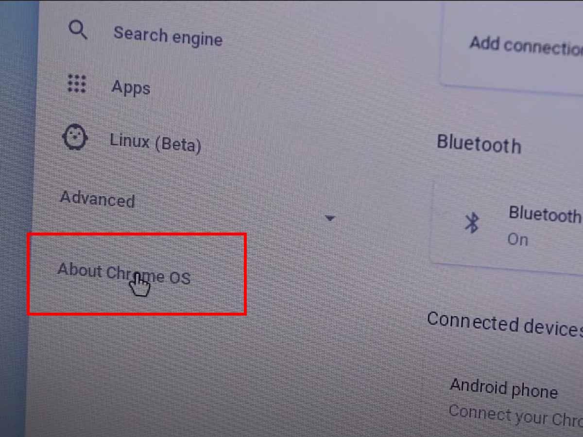 Select 'About Chrome OS' to see the current version of your Chromebook. (From: YouTube/Granite Park Video)