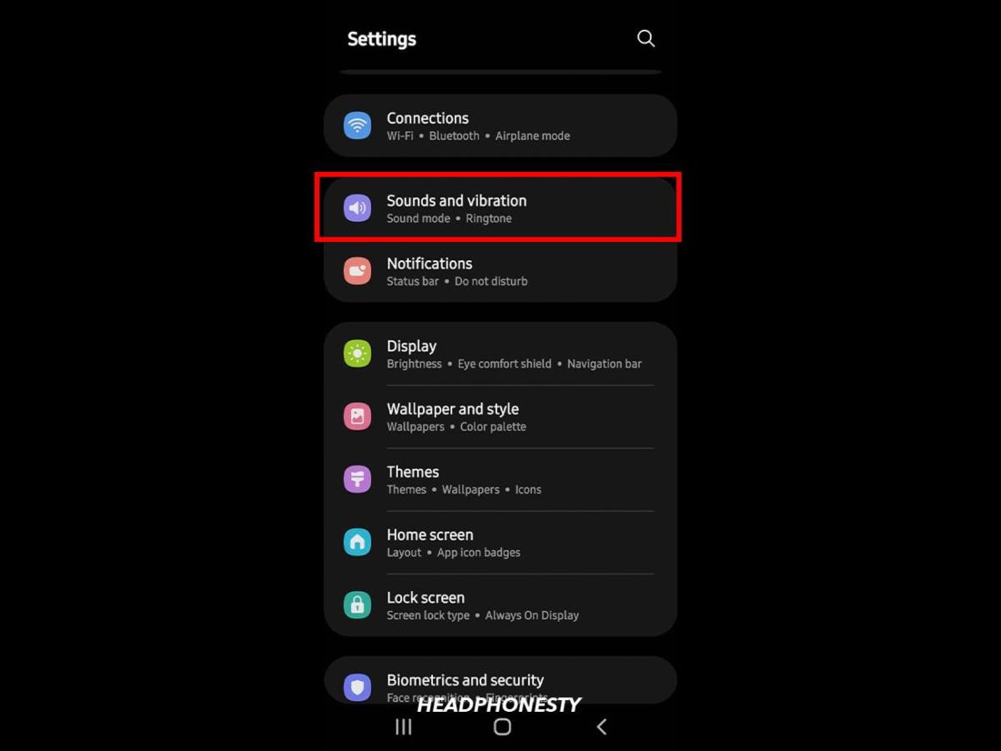 The 'Sounds and vibration' field under Android settings.