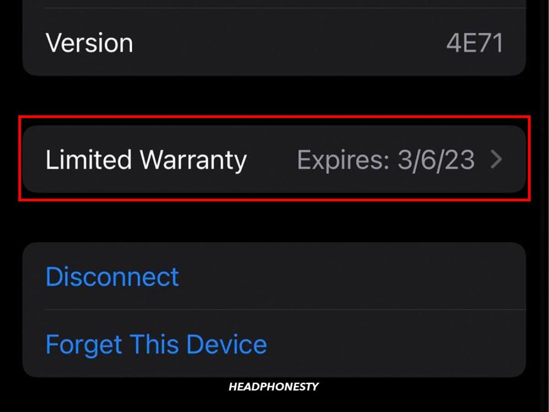 Limited Warranty of AirPods as seen on iPhone