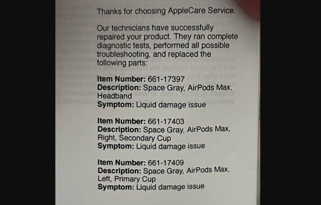Liquid Damage diagnosis on AppleCare Service report (From: Reddit/tokyonathaniel)