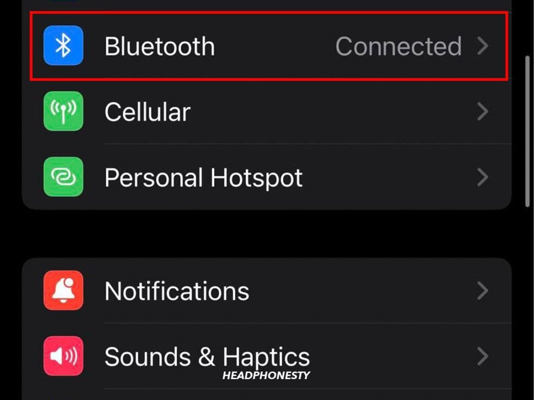 Bluetooth option in the iPhone Settings menu