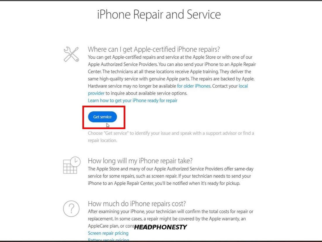 Getting Service button on iPhone Repair & Service