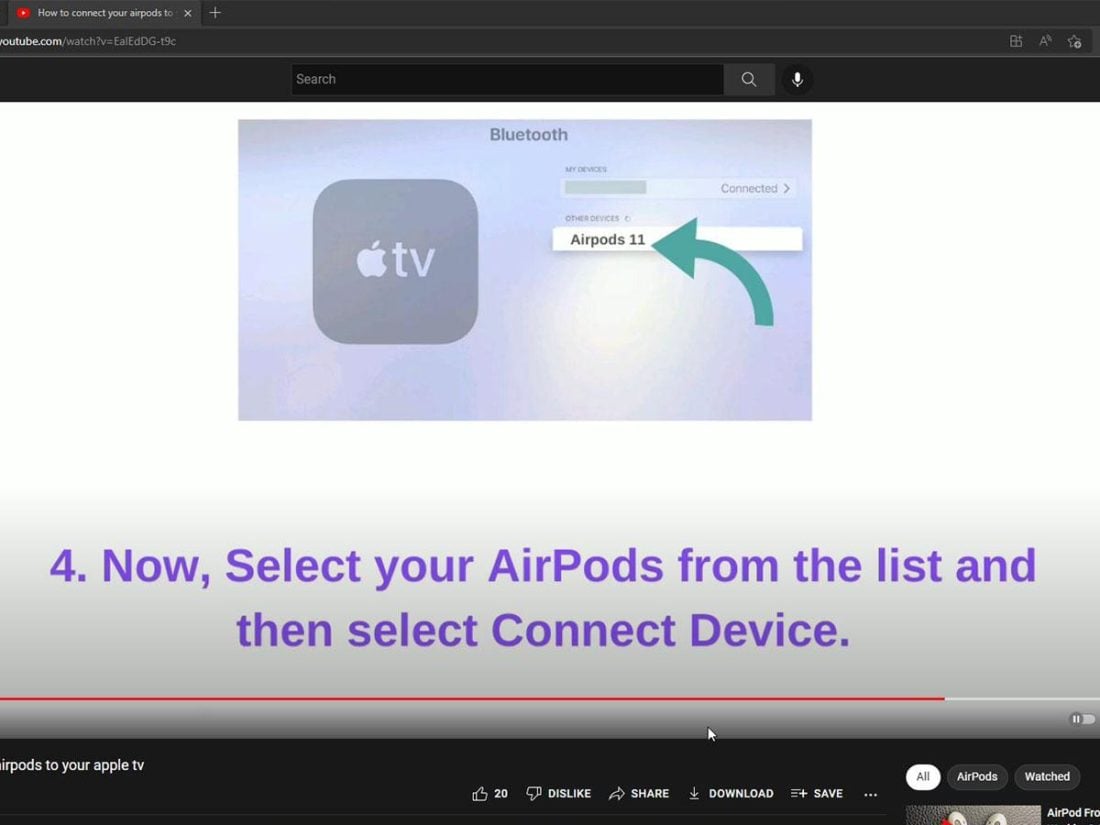 Connecting to AirPods on Apple TV's Bluetooth list (From: Youtube/My iphone support)