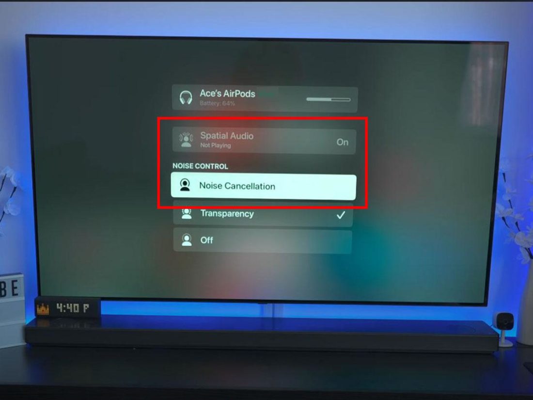AirPods' Spatial and noise cancellation settings on Apple TV (From: Youtube/MA Tech)