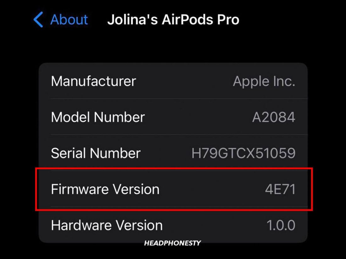 Showing current AirPods firmware.