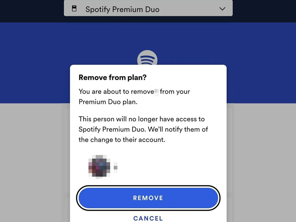 Spotify's pop-up window prompts users to confirm the removal of members from the Spotify Duo plan (From: Reddit/BottledMaster)