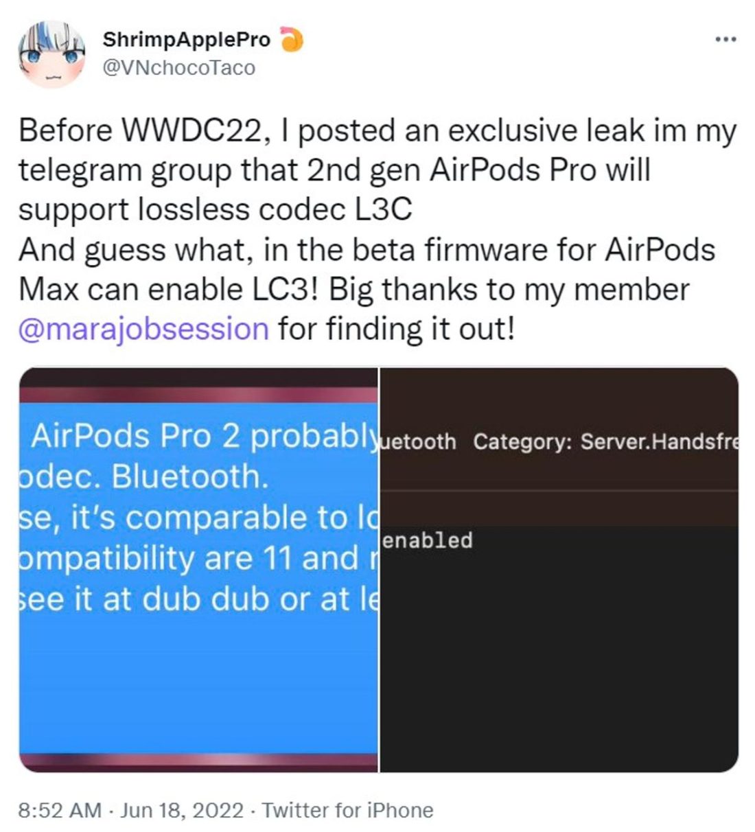 iOS 16 beta user report on AirPods Max' LC3 codec support (From: Twitter/ShrimpApplePro)