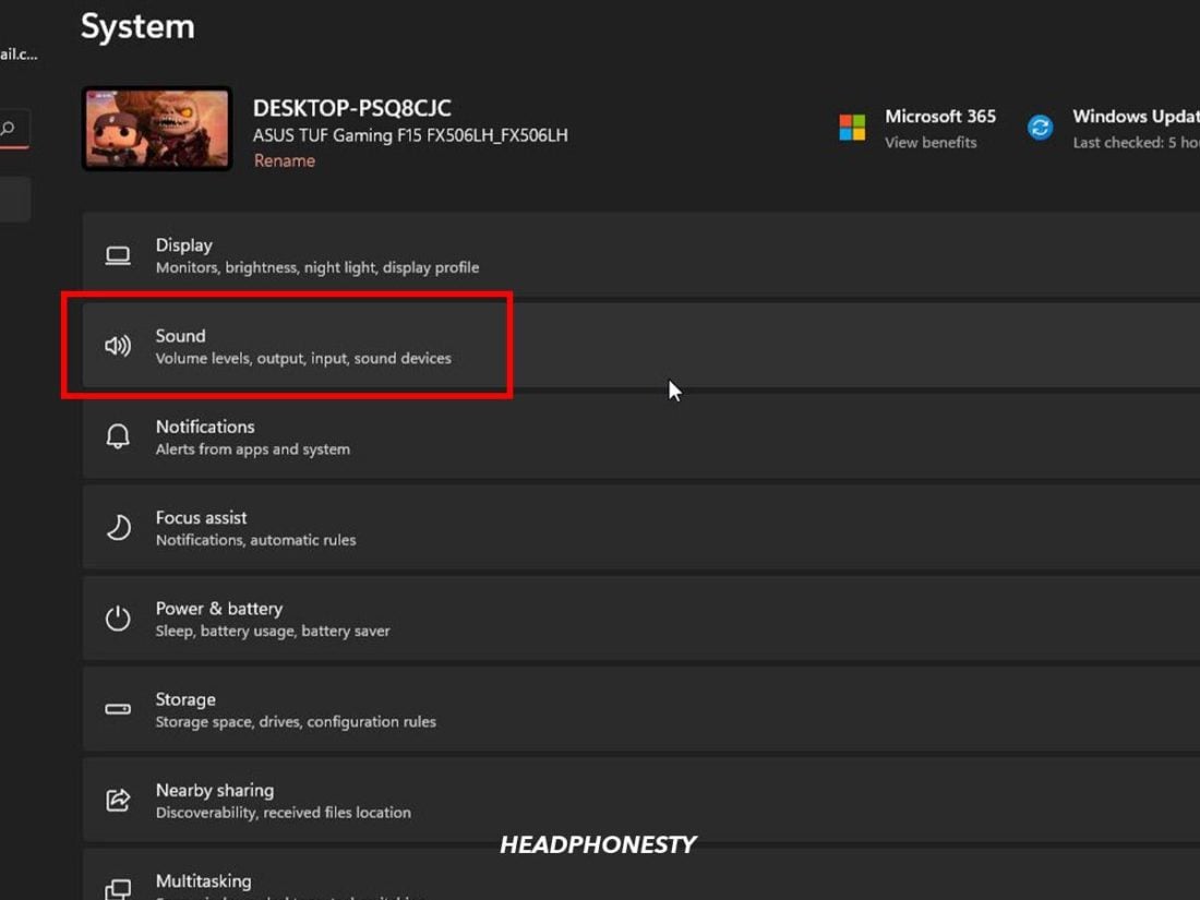 'Sound' highlighted in Windows Settings.
