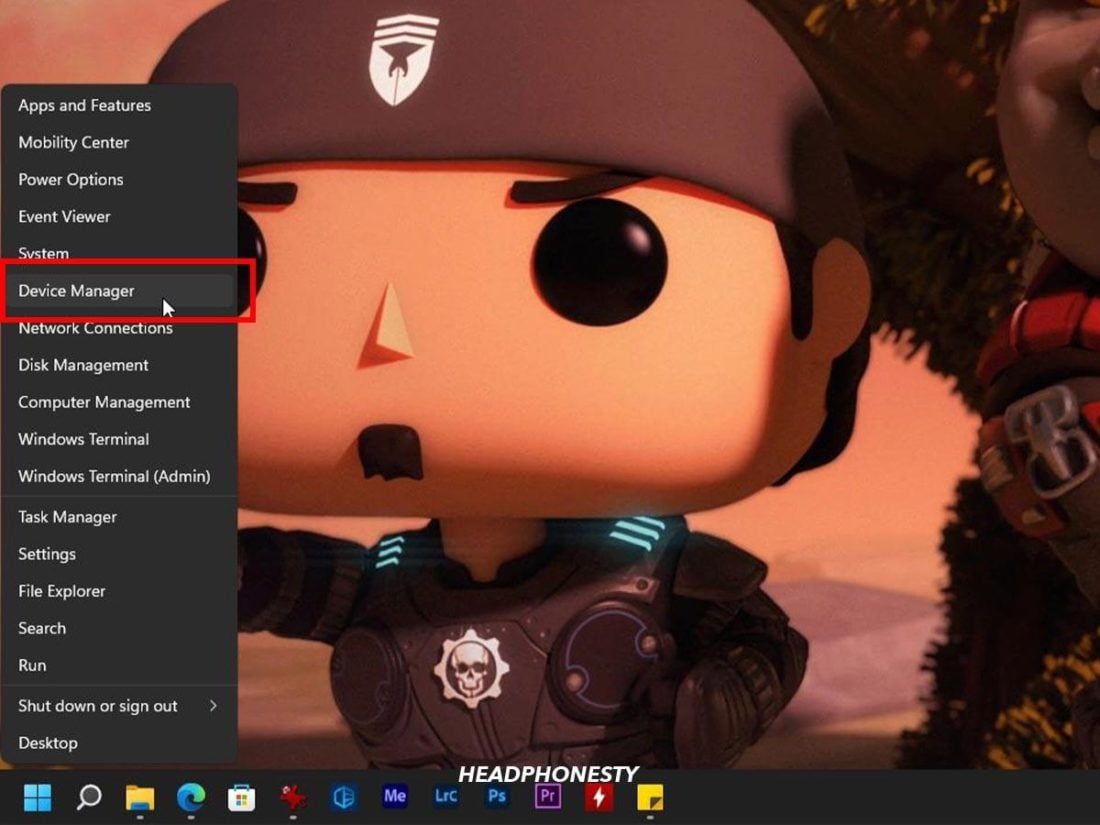 Start menu icon and 'Device Manager' highlighted.