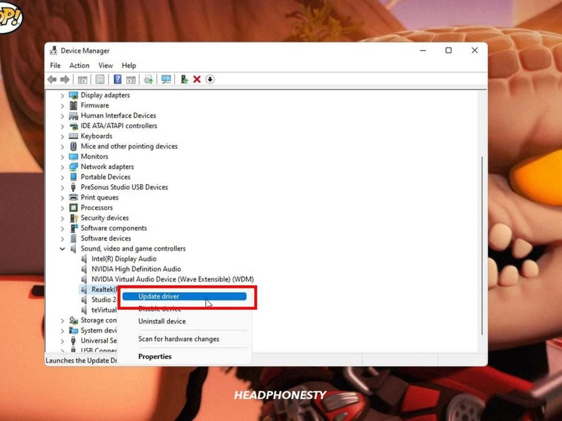 'Update driver' highlighted in Device Manager.