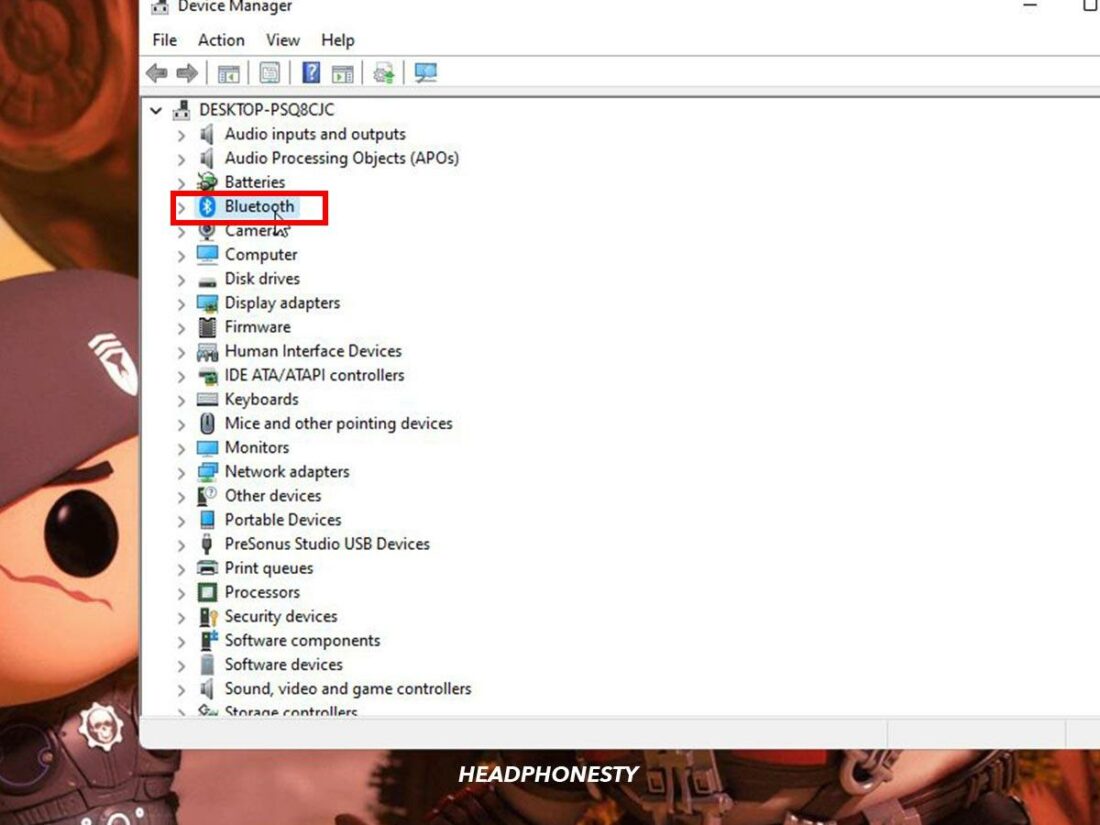 Bluetooth highlighted in Device Manager.