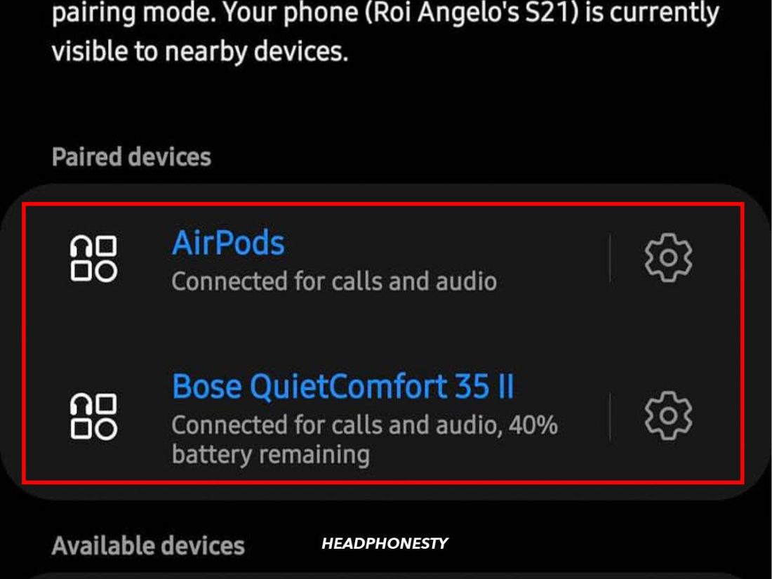Two Bluetooth headphones connected.