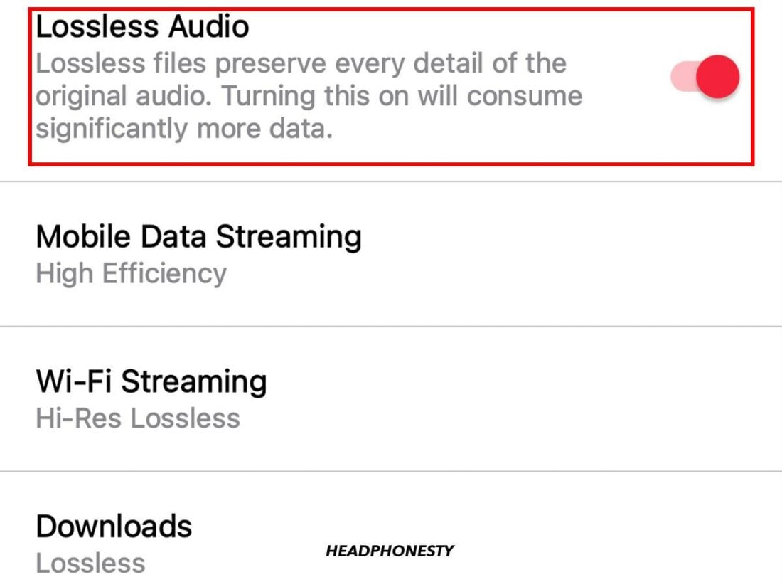 Toggle the switch next to Lossless Audio option.