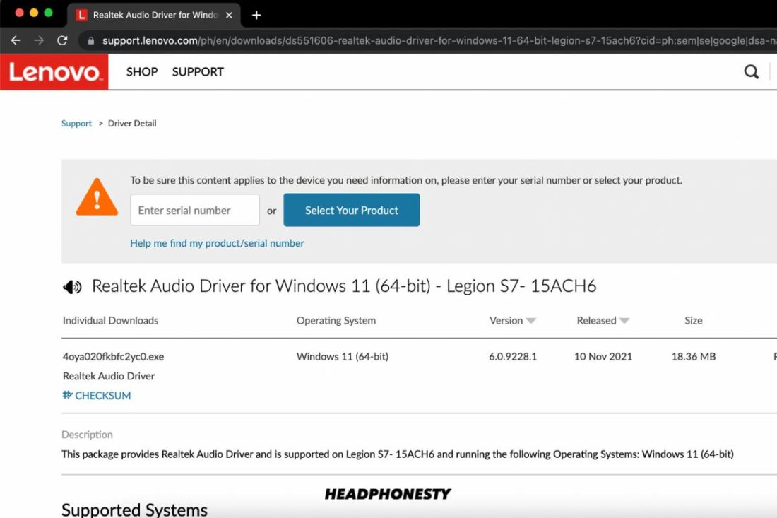 Lenovo Support: Realtek Audio Driver download page