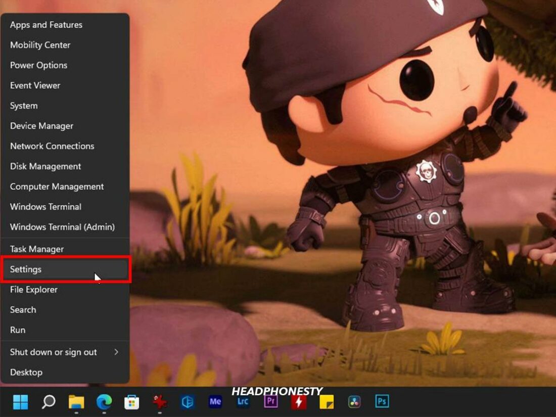 Settings highlighted in Windows Start menu.