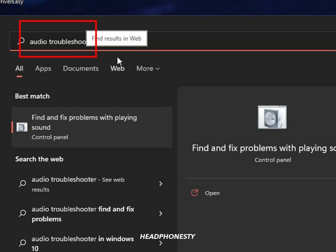 Type “audio troubleshooter” in the Search bar