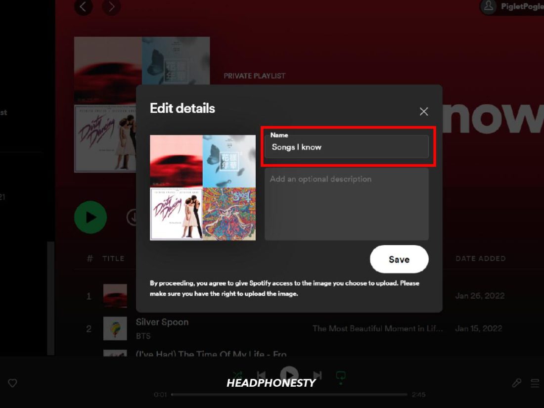 Type in your new playlist name under the 'Name' column