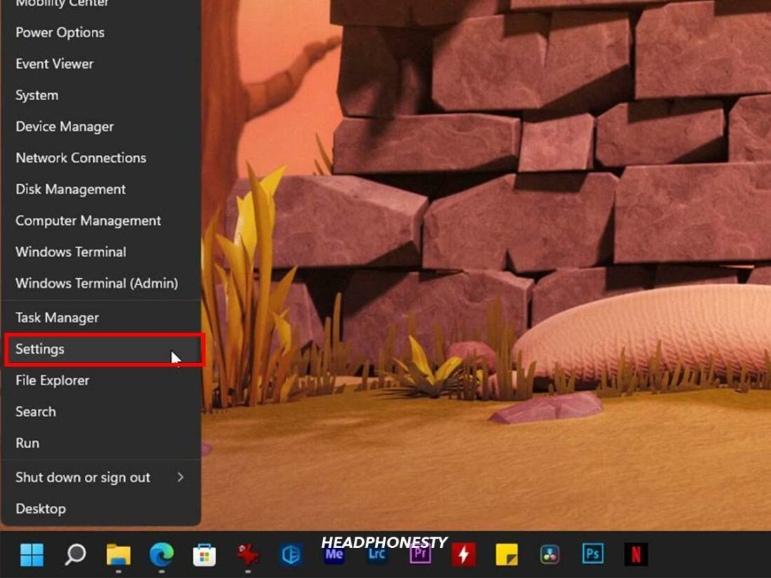 Settings highlighted in the Start menu.