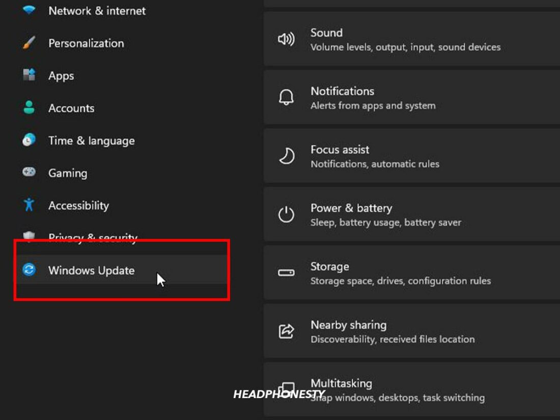Windows Update highlighted in the Start menu.