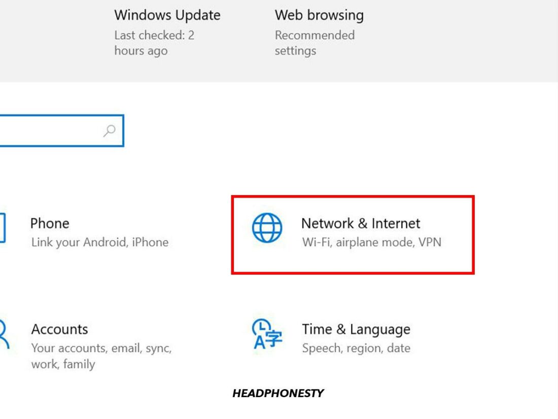'Network and Internet' in Settings.