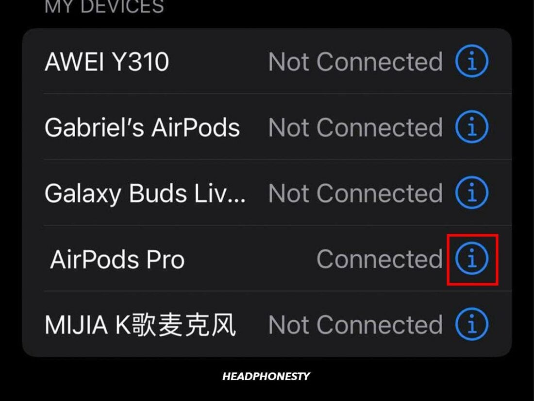 Tap the “i” icon next to your AirPods’ nam