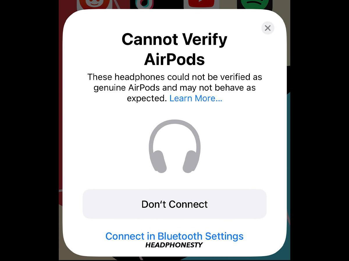 Connection prompt for fake AirPods. 