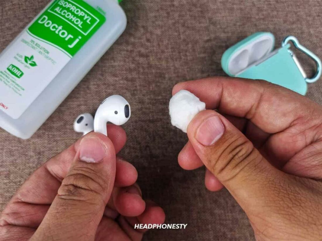 Clean Airpods with cotton and alchohol