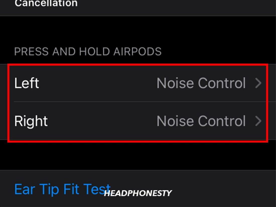 Under press and hold, select either left or right AirPods