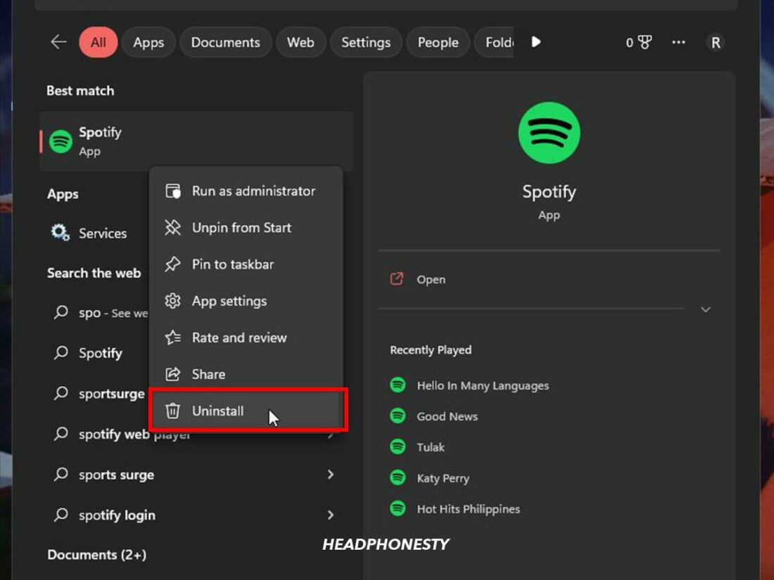 Uninstall Spotify from desktop
